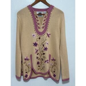 Storybook Knits 1/4 Zip Sweater S Tan Pink Embroidered Floral Cottagecore